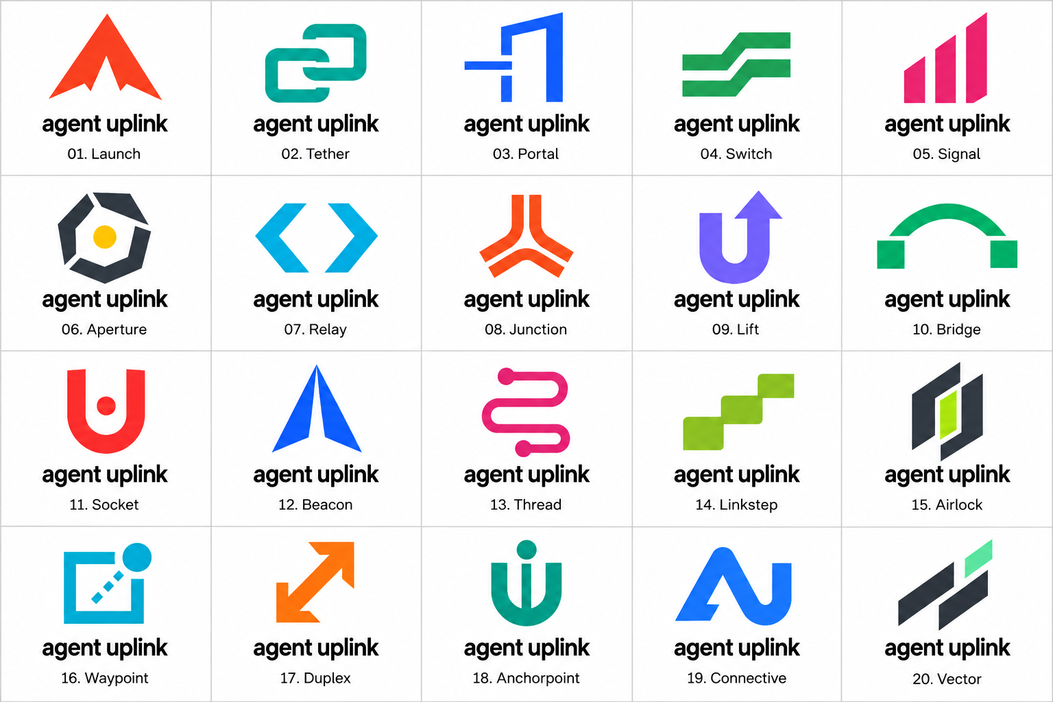Twenty numbered Agent Uplink logo concepts: Launch, Tether, Portal, Switch, Signal, Aperture, Relay, Junction, Lift, Bridge, Socket, Beacon, Thread, Linkstep, Airlock, Waypoint, Duplex, Anchorpoint, Connective and Vector.
